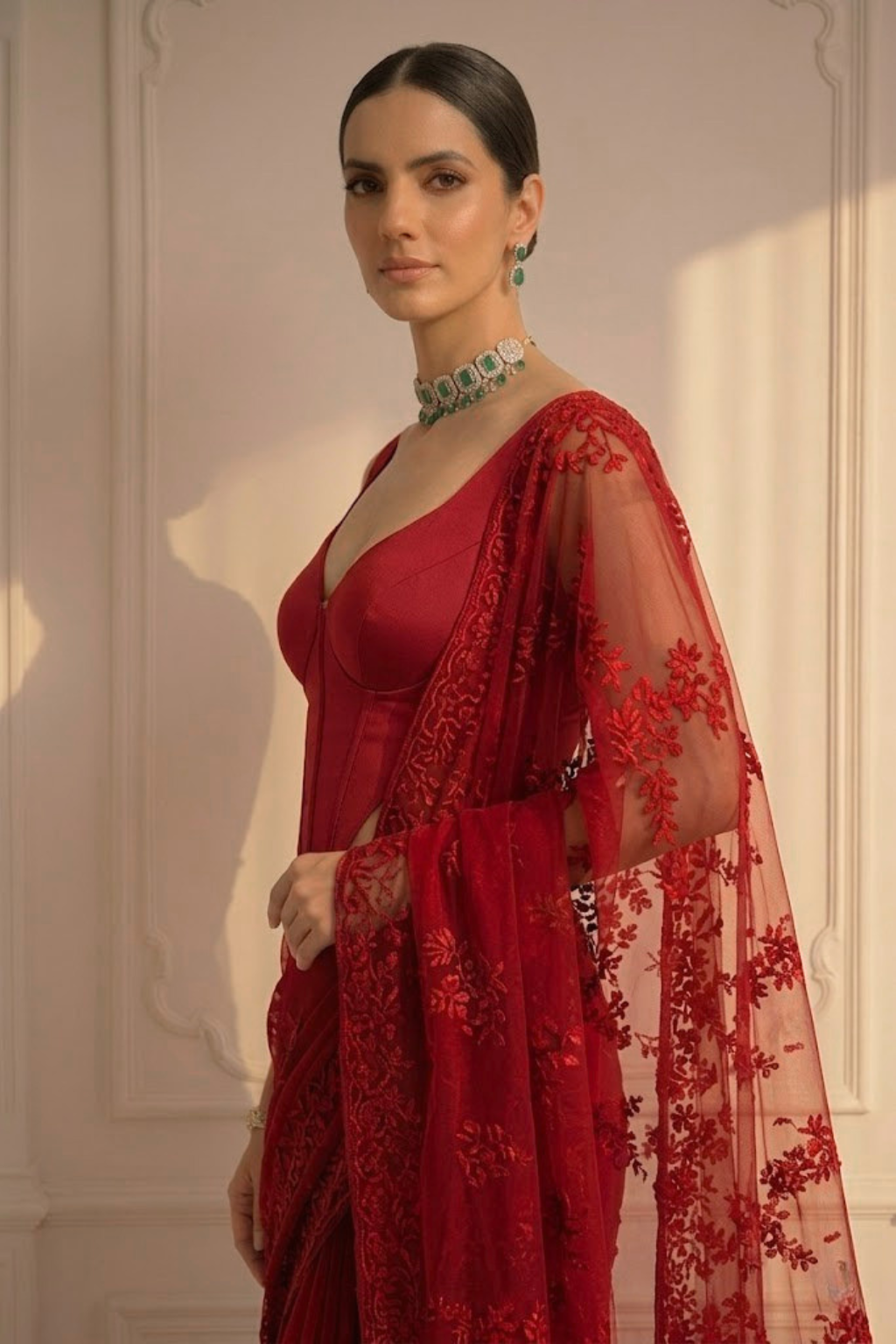 Red Stripe Lace Saree with Sequin and Blouse Fabric