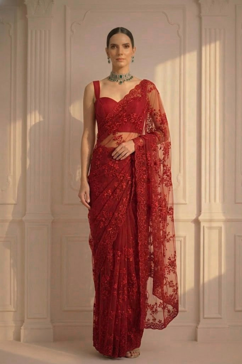 Red Stripe Lace Saree with Sequin and Blouse Fabric