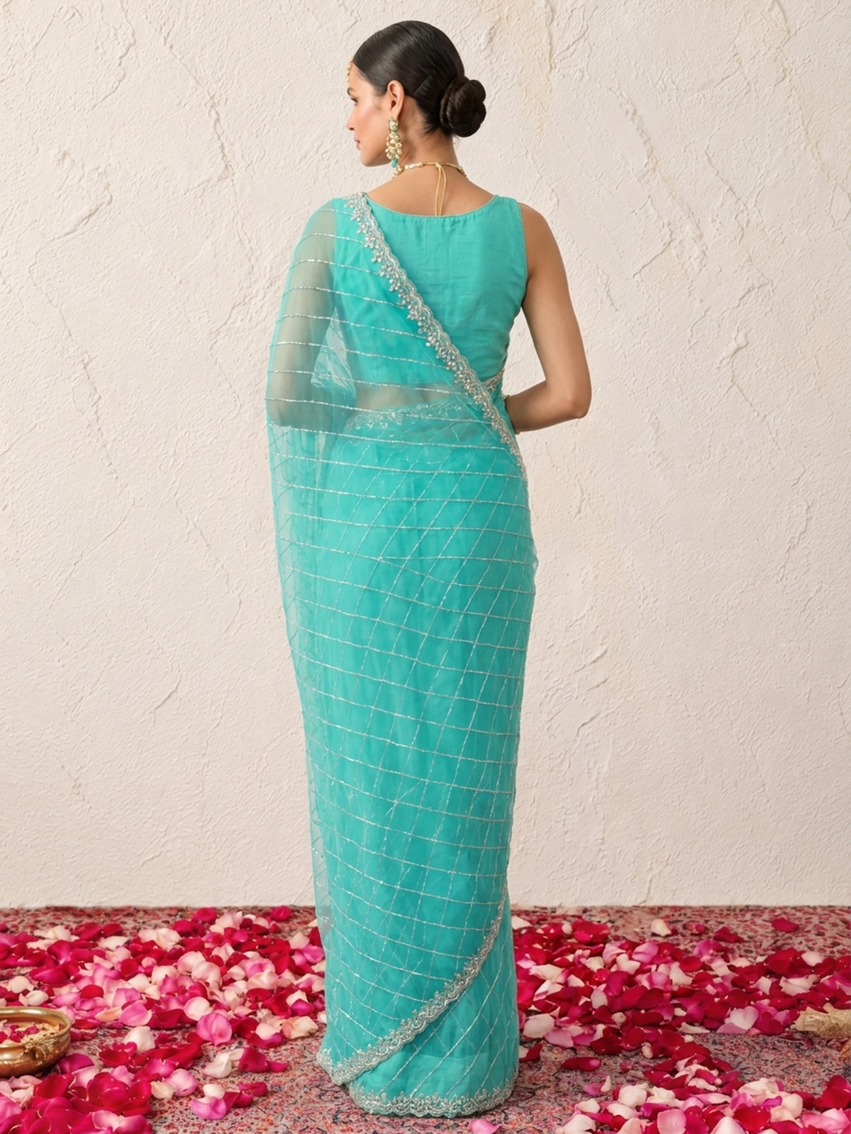 Aqua Net Scalloped Hand Beaded Cut Dana Saree with Matching Beaded Blouse Fabric