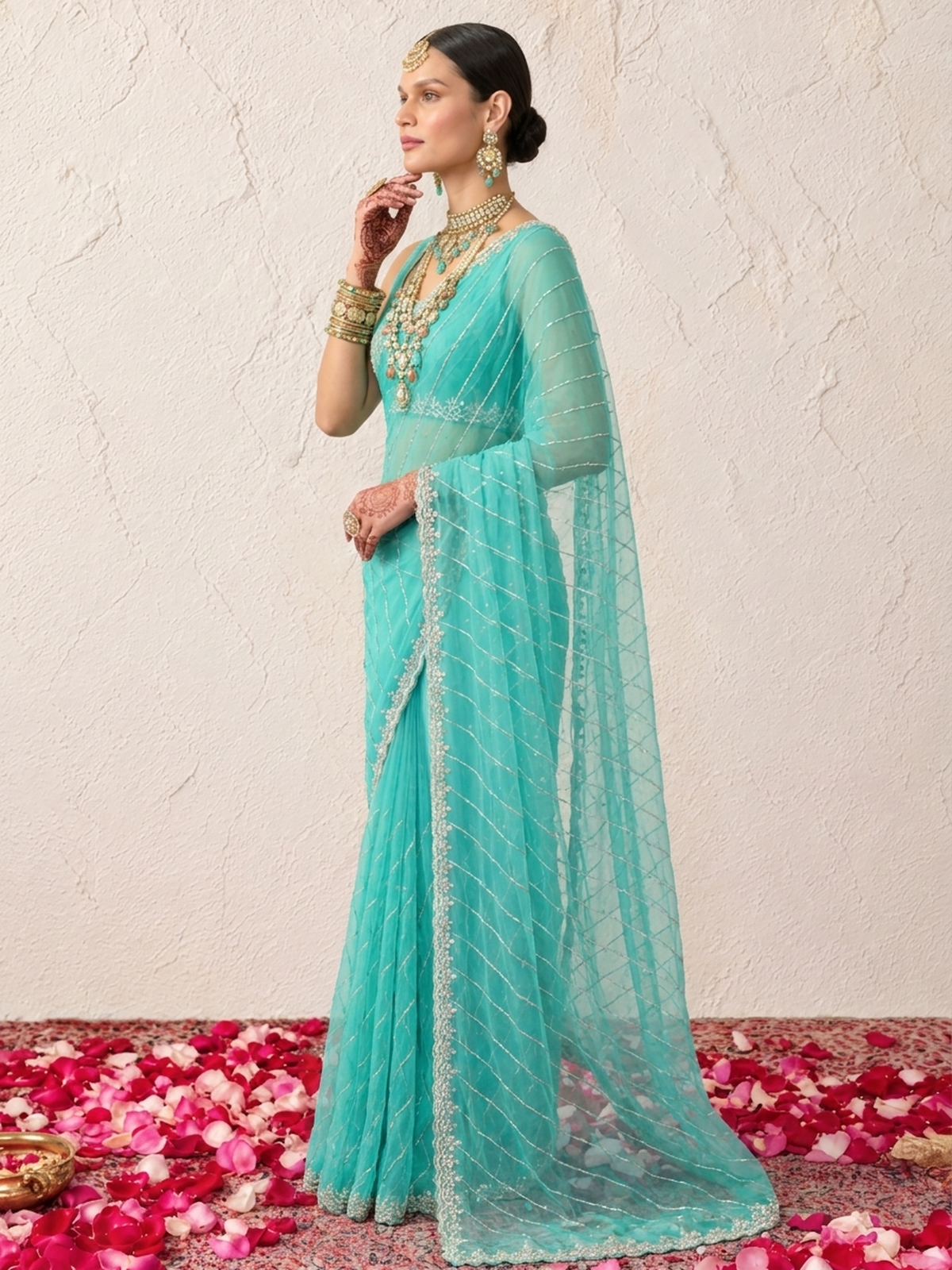 Aqua Net Scalloped Hand Beaded Cut Dana Saree with Matching Beaded Blouse Fabric