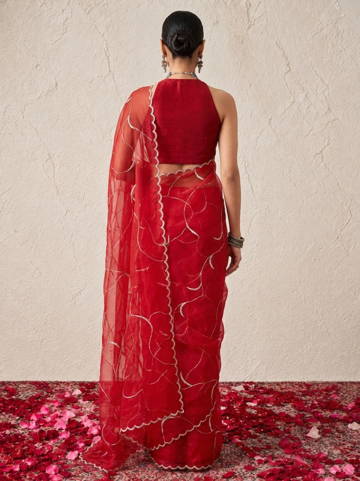 Red Net Scalloped Mirchi Design Hand Beaded Saree with Matching Net Blouse Fabric