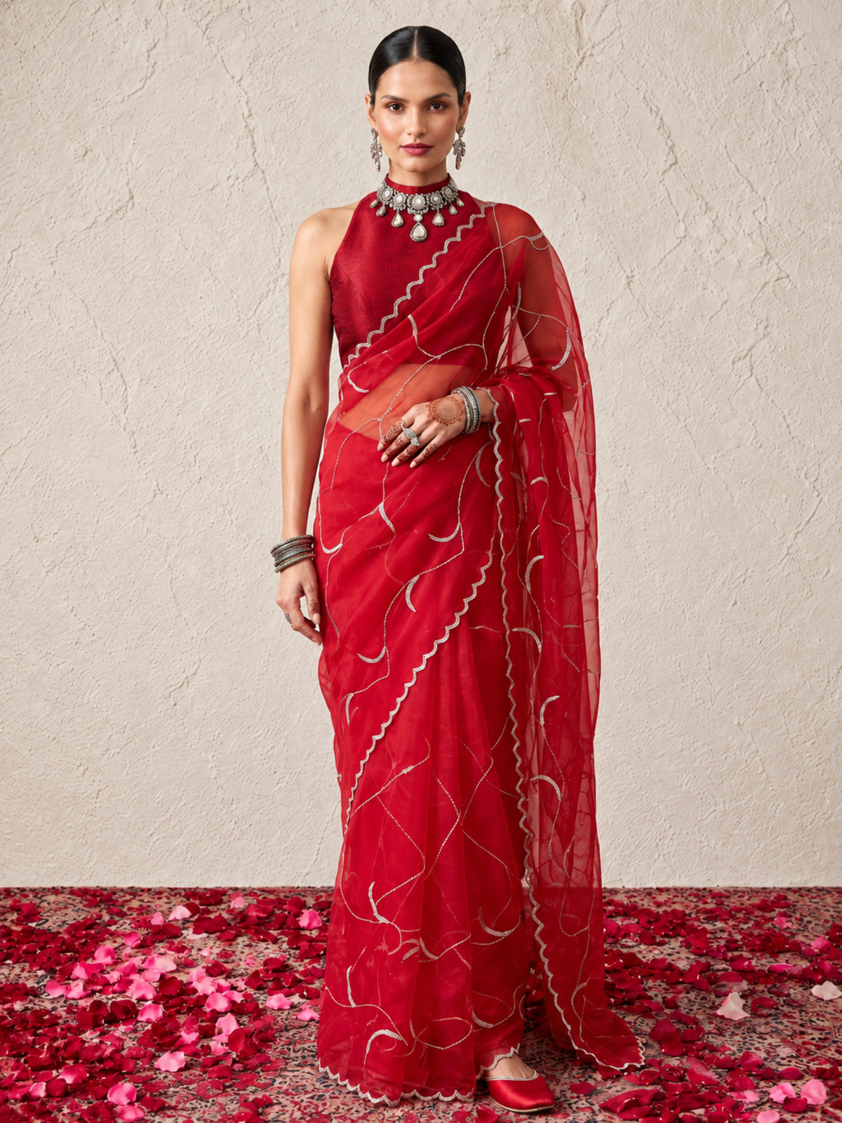 Red Net Scalloped Mirchi Design Hand Beaded Saree with Matching Net Blouse Fabric