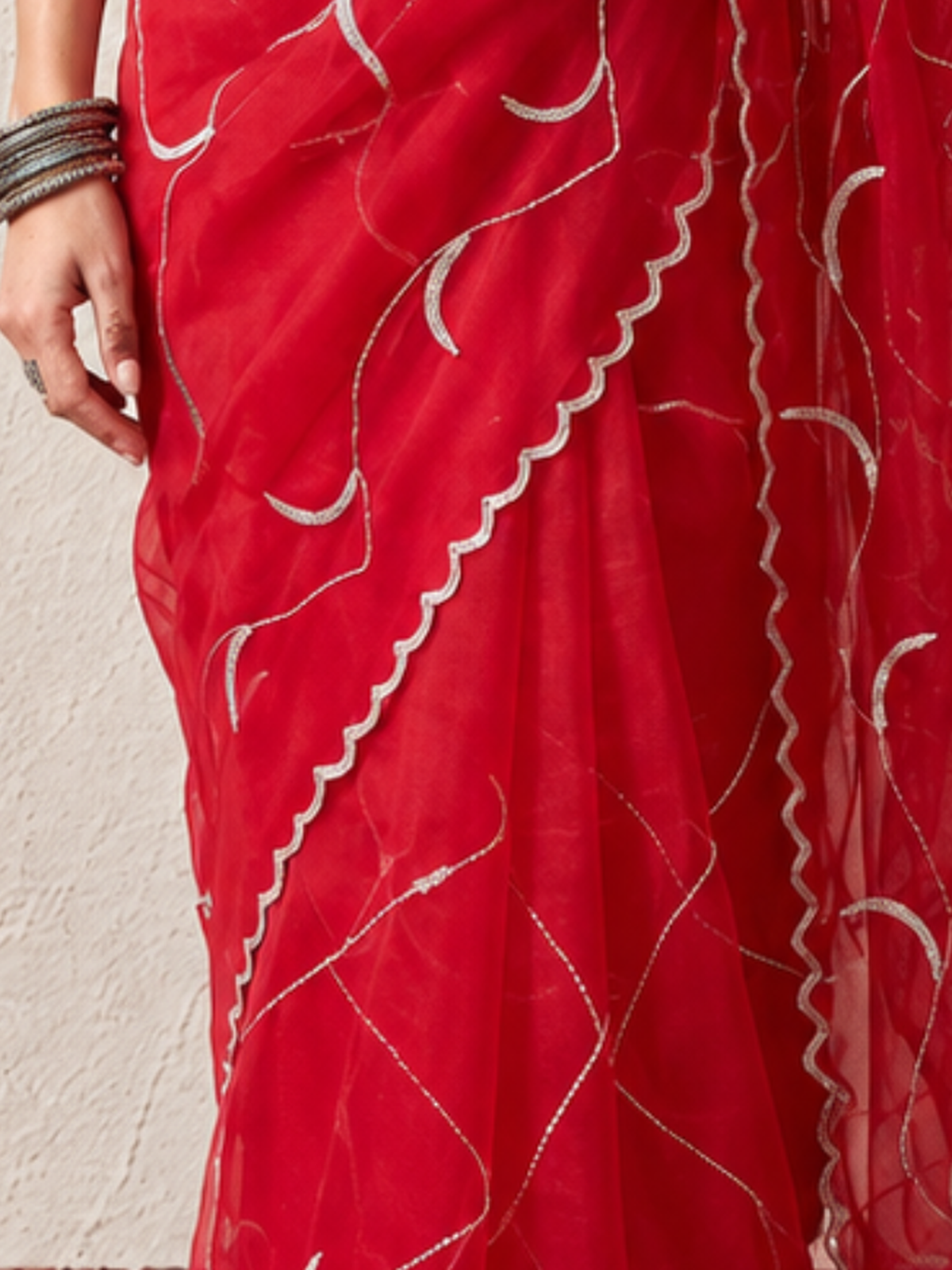 Red Net Scalloped Mirchi Design Hand Beaded Saree with Matching Net Blouse Fabric