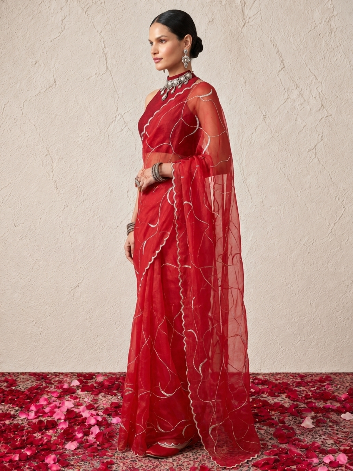 Red Net Scalloped Mirchi Design Hand Beaded Saree with Matching Net Blouse Fabric