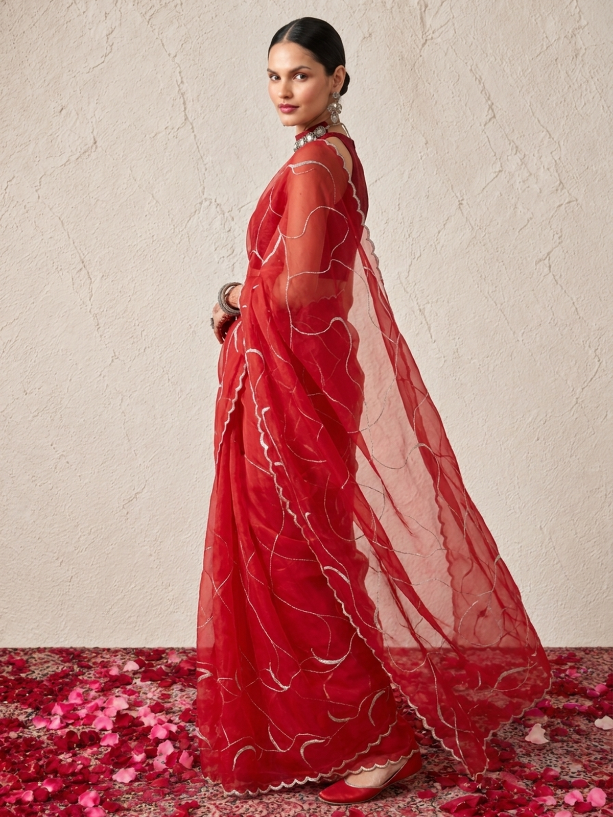 Red Net Scalloped Mirchi Design Hand Beaded Saree with Matching Net Blouse Fabric