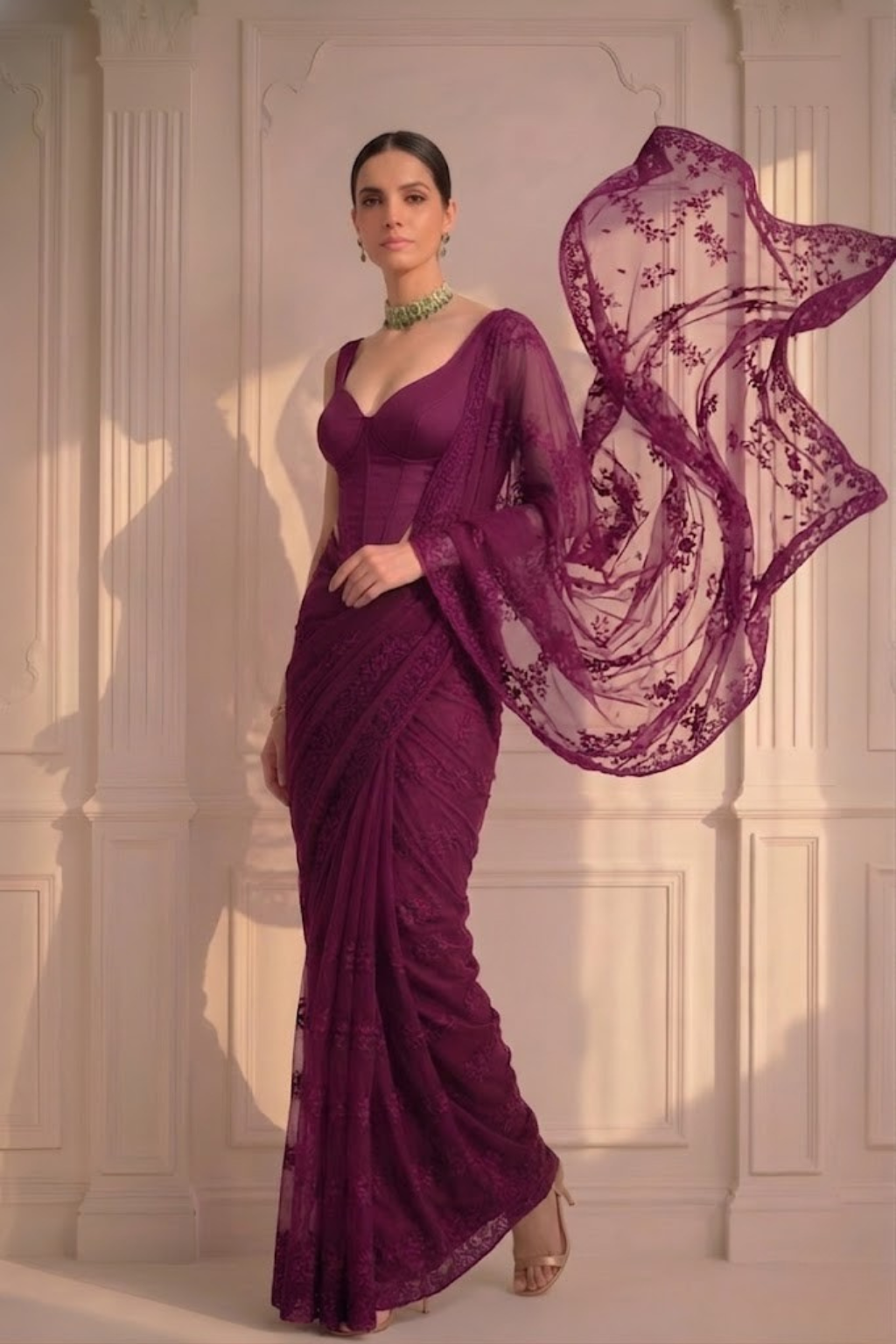 Wine Stripe Lace Saree with Sequin and Blouse Fabric