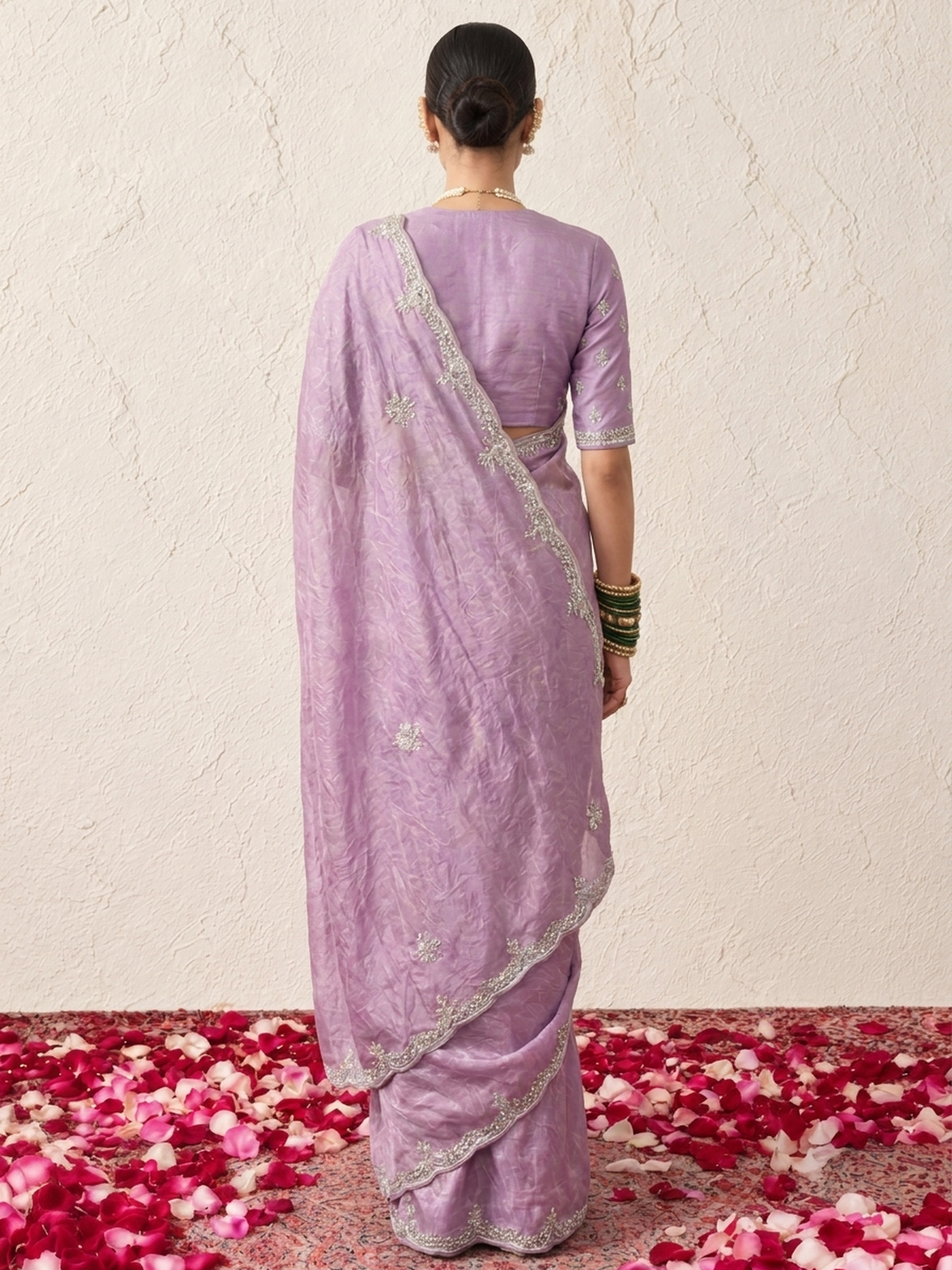 Lilac Metallic Satin Hand Beaded Cut Dana Saree with Beaded Long Sleeve Matching Blouse Fabric