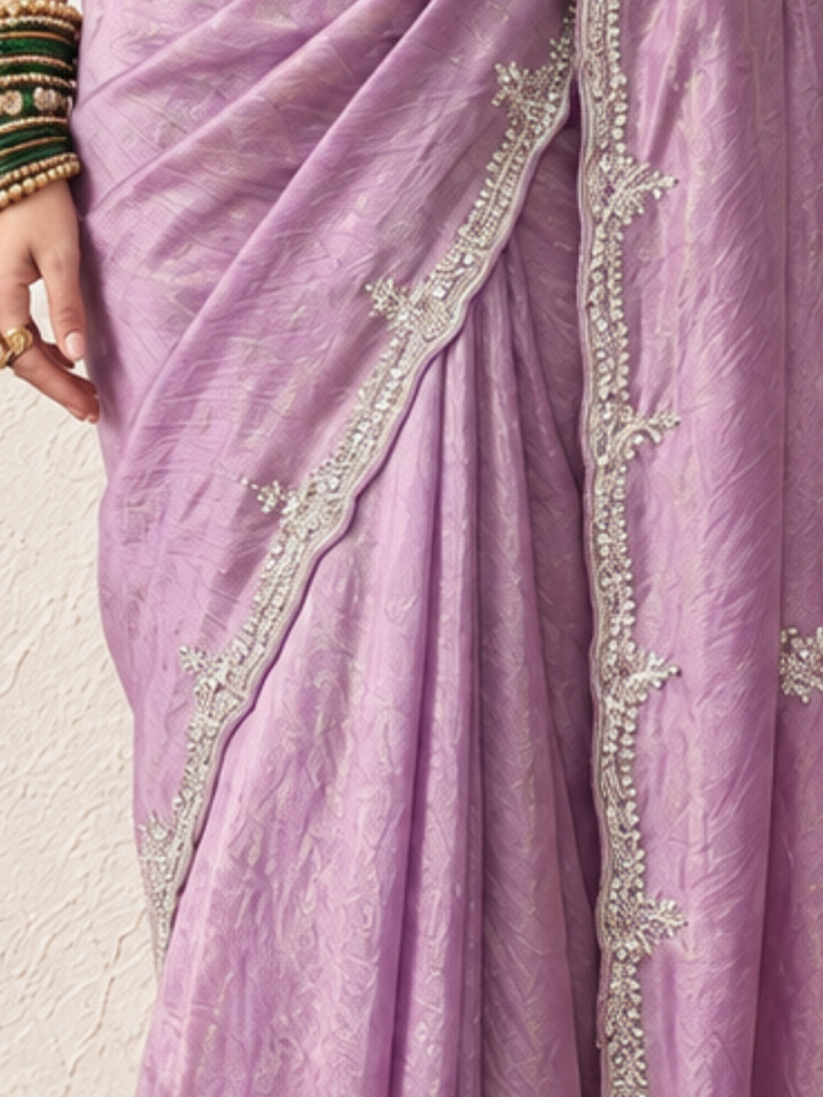 Lilac Metallic Satin Hand Beaded Cut Dana Saree with Beaded Long Sleeve Matching Blouse Fabric