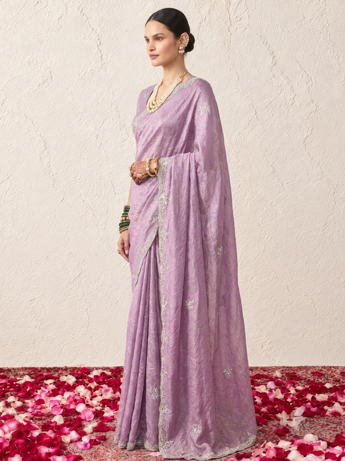 Lilac Metallic Satin Hand Beaded Cut Dana Saree with Beaded Long Sleeve Matching Blouse Fabric