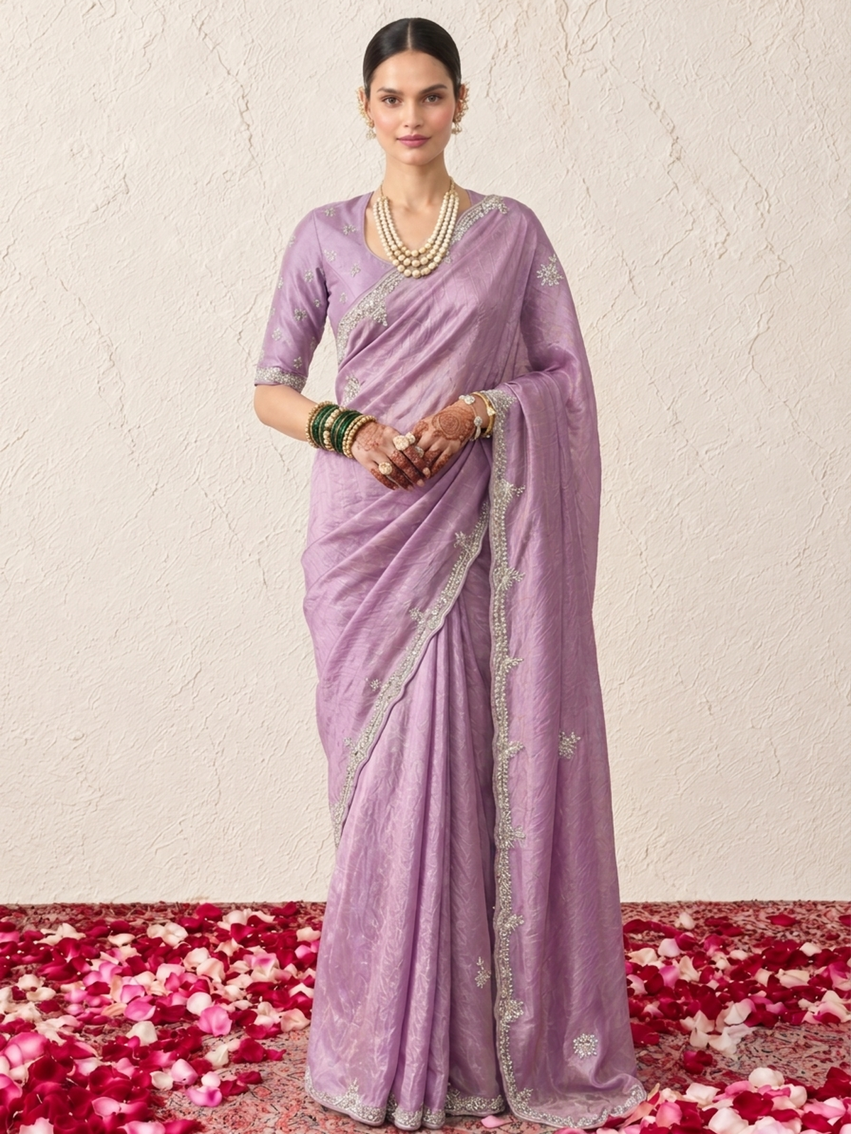 Lilac Metallic Satin Hand Beaded Cut Dana Saree with Beaded Long Sleeve Matching Blouse Fabric
