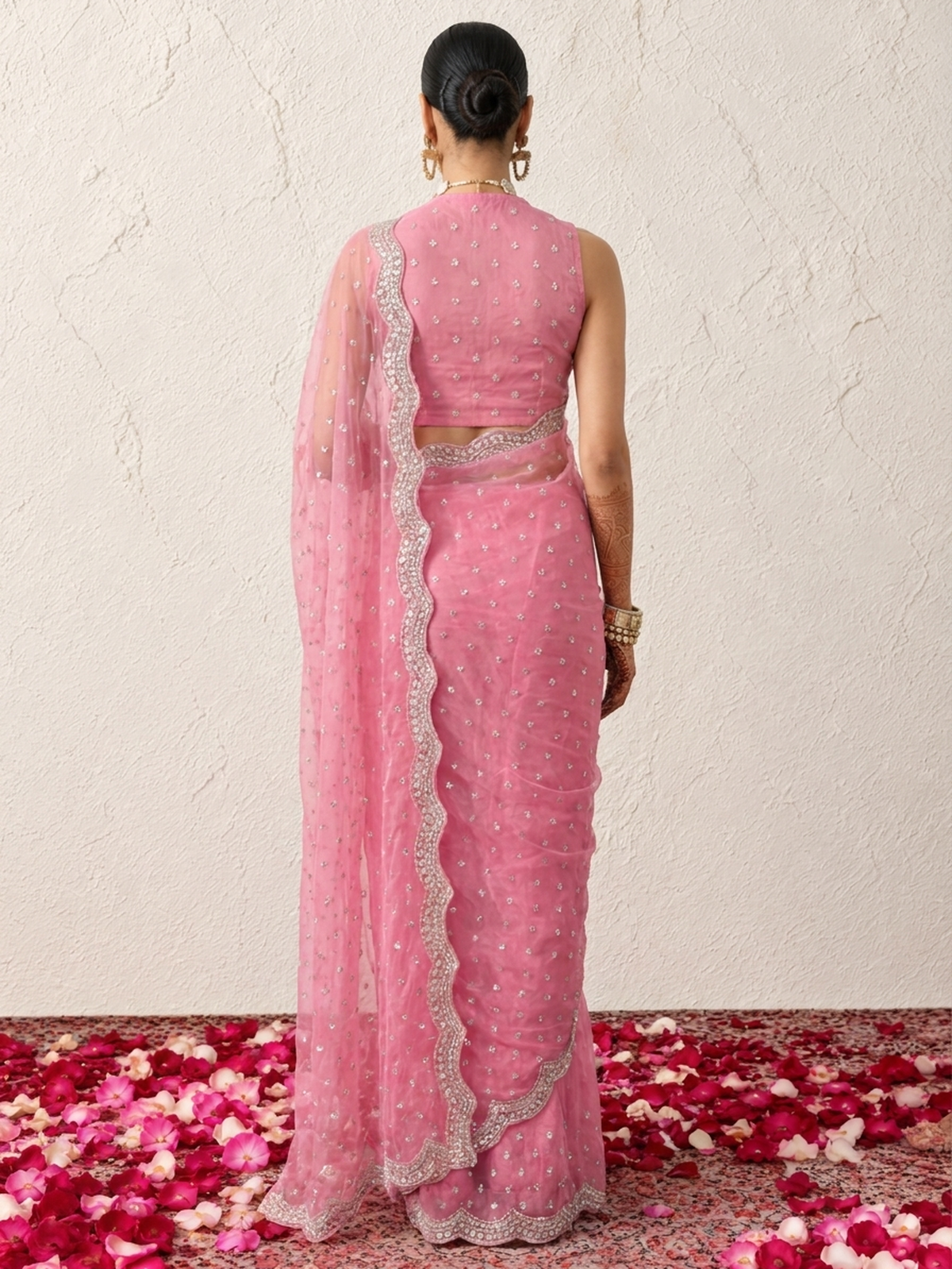 Pink Magic Metallic Chiffon Mirror Scalloped Hand Beaded Saree with Matching Beaded Blouse Fabric