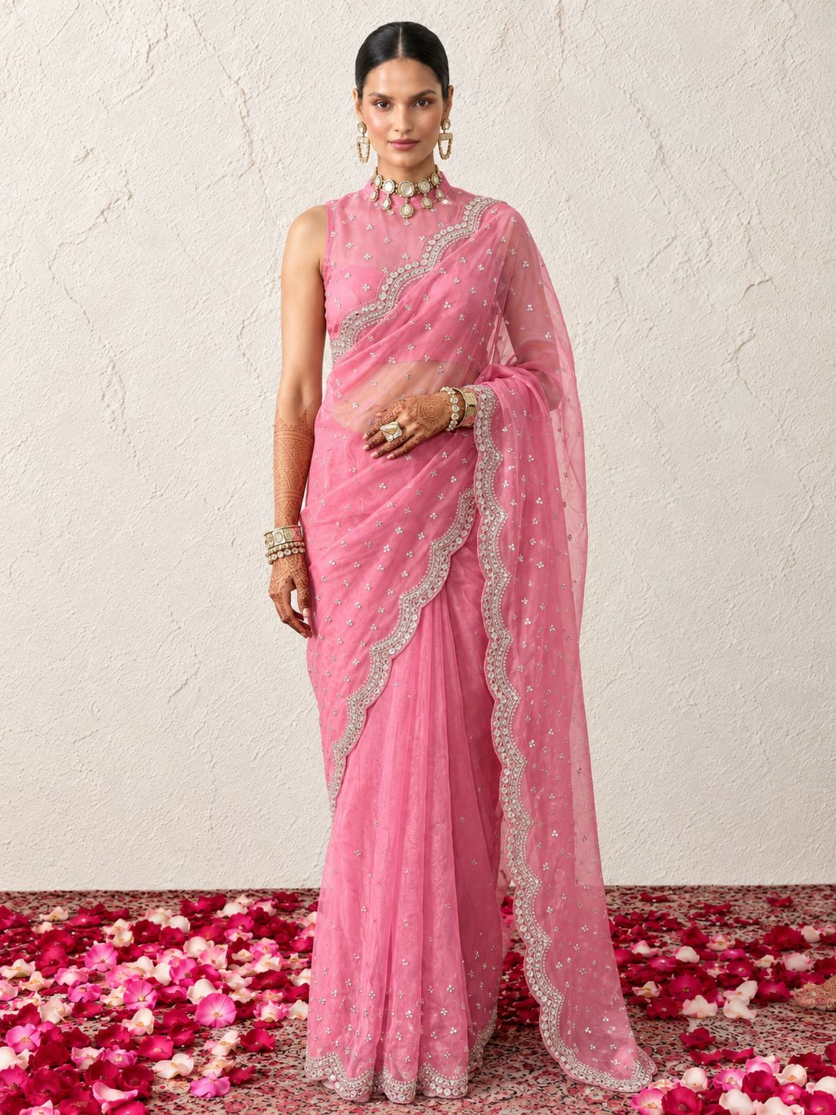 Pink Magic Metallic Chiffon Mirror Scalloped Hand Beaded Saree with Matching Beaded Blouse Fabric