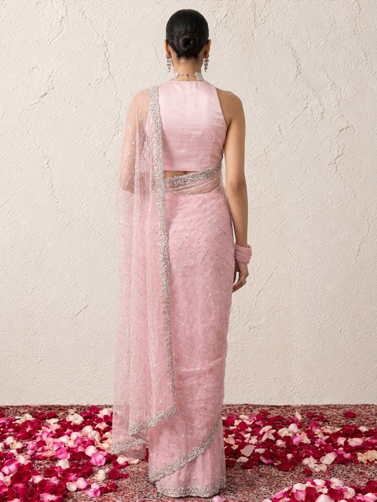 Pink Net Scalloped Hand Beaded Cut Dana Saree with Matching Beaded Blouse Fabric