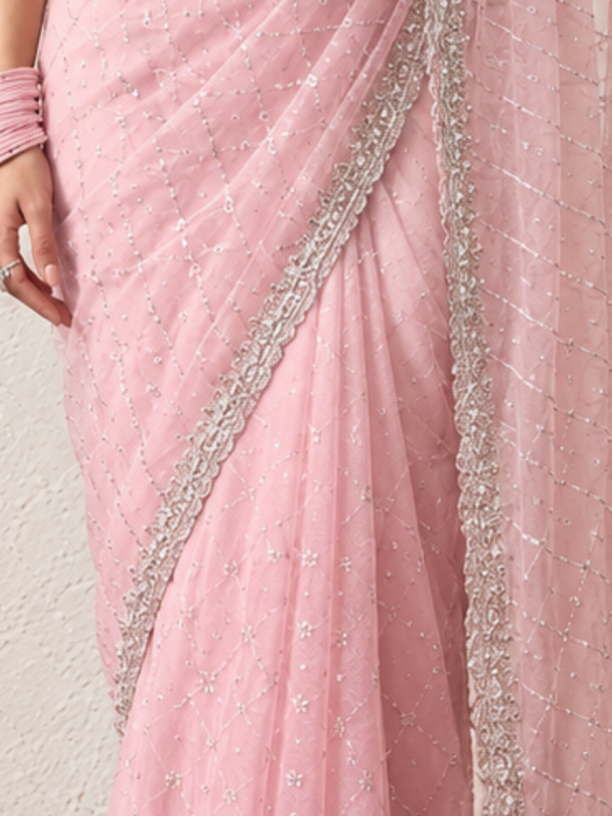 Pink Net Scalloped Hand Beaded Cut Dana Saree with Matching Beaded Blouse Fabric
