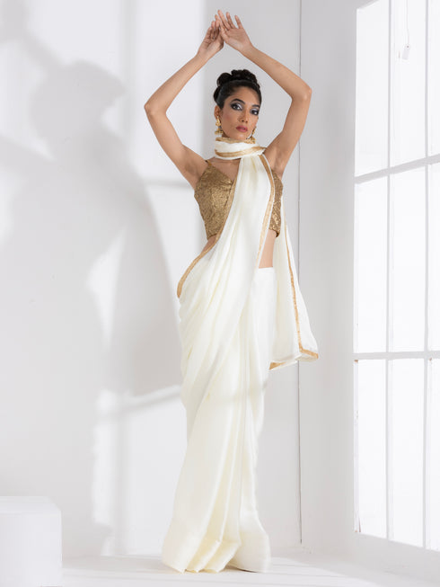 Majestic Cream Satin Saree with Gold Lace
