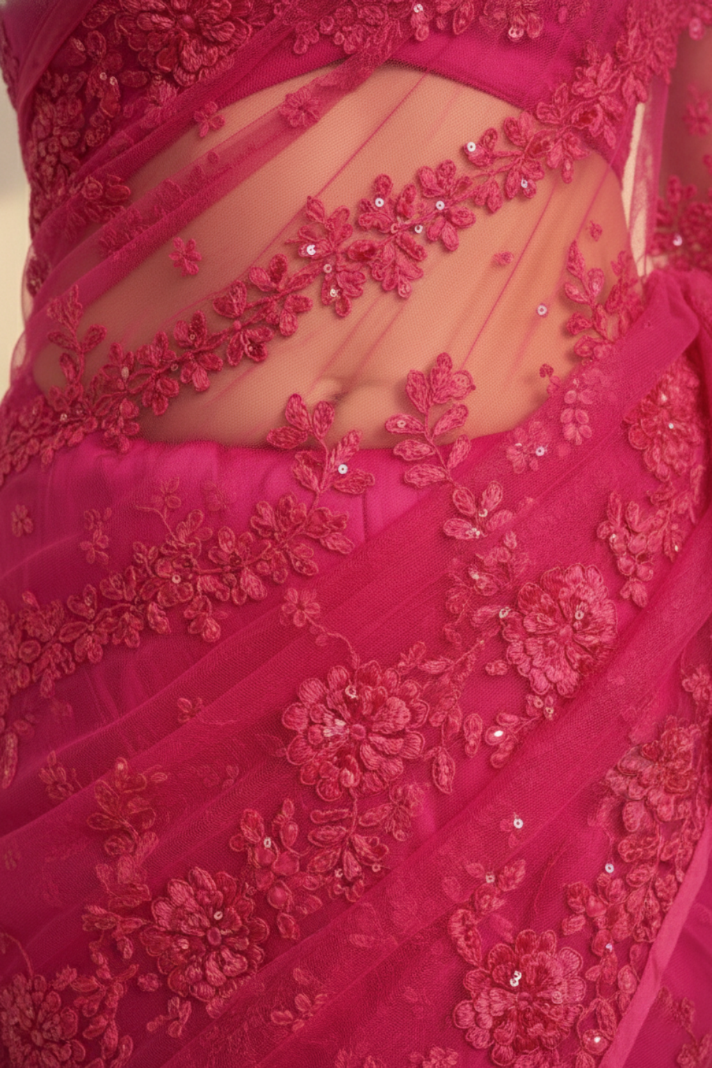 Pink Stripe Lace Saree with Sequin and Blouse Fabric