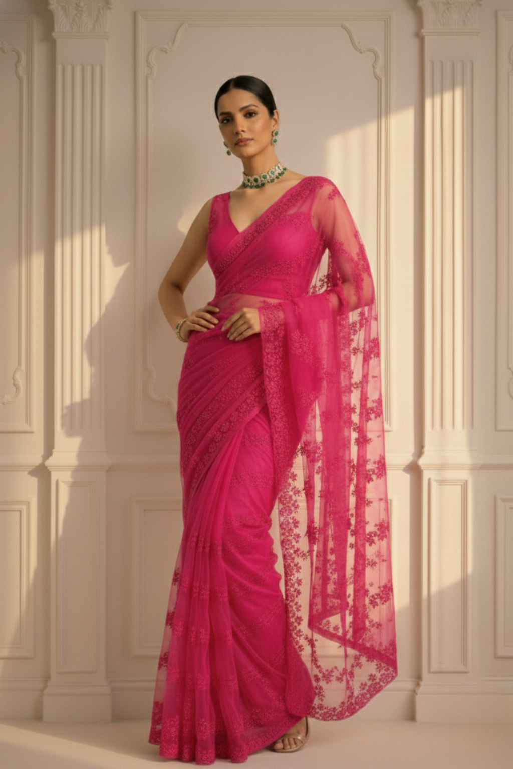 Pink Stripe Lace Saree with Sequin and Blouse Fabric