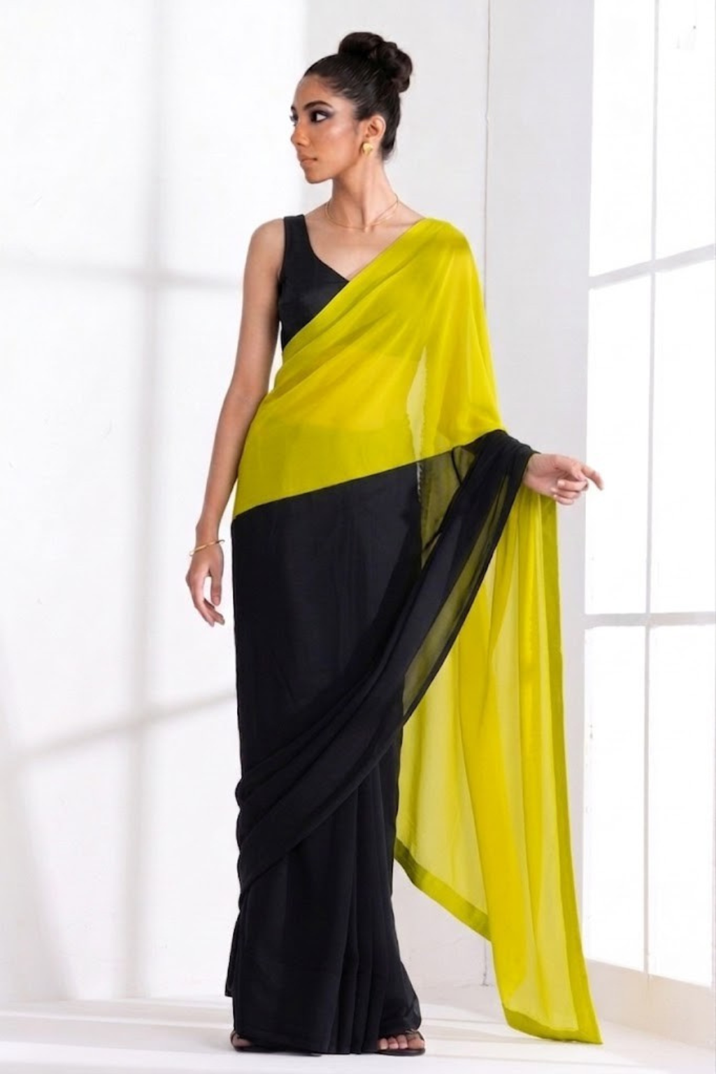 Black and Yellow Georgette Triangle Saree with Blouse Fabric