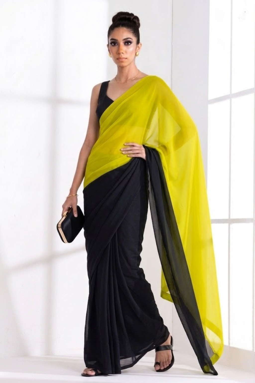 Black and Yellow Georgette Triangle Saree with Blouse Fabric