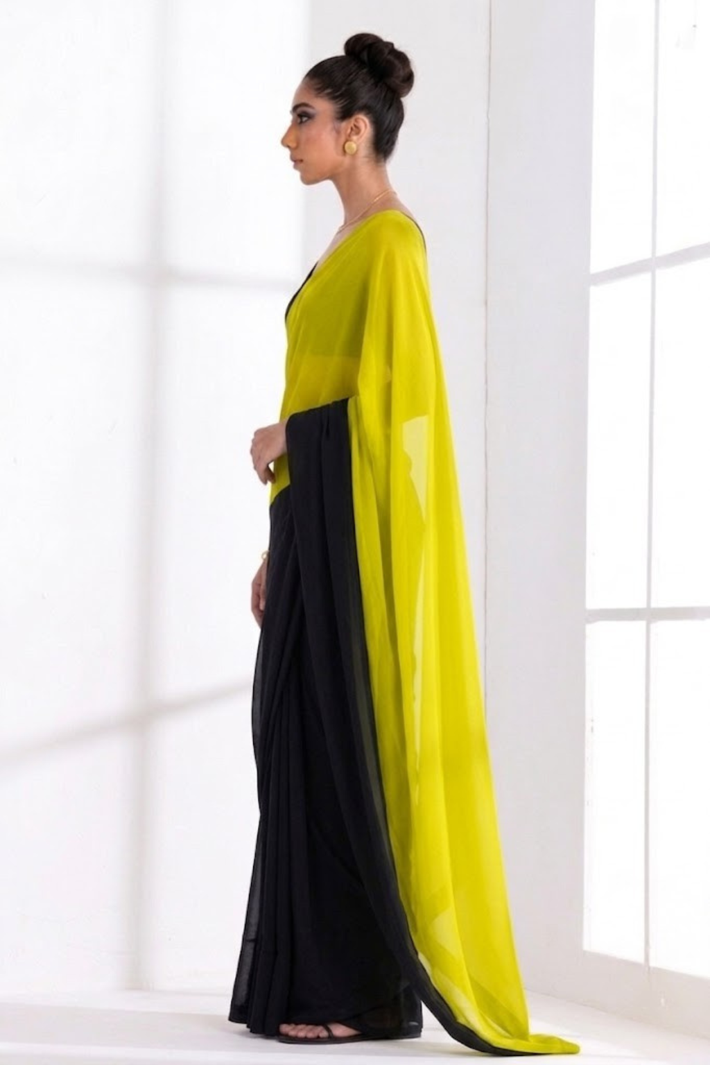 Black and Yellow Georgette Triangle Saree with Blouse Fabric