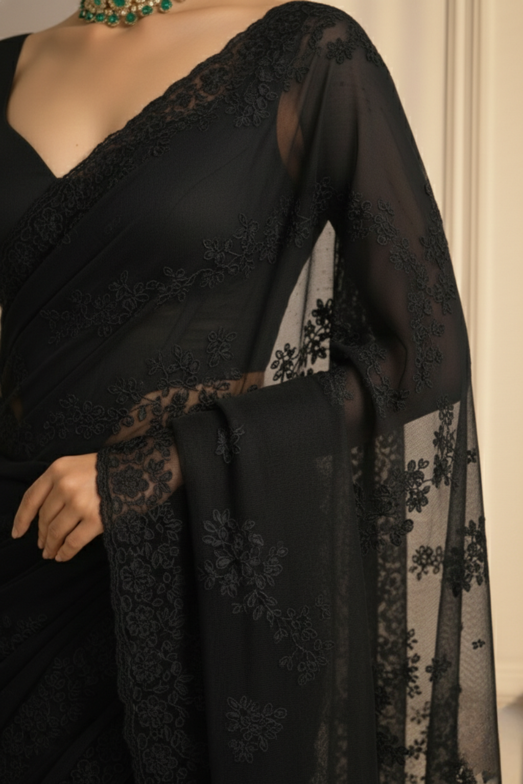 Black Stripe Lace Saree with Sequin and Blouse Fabric