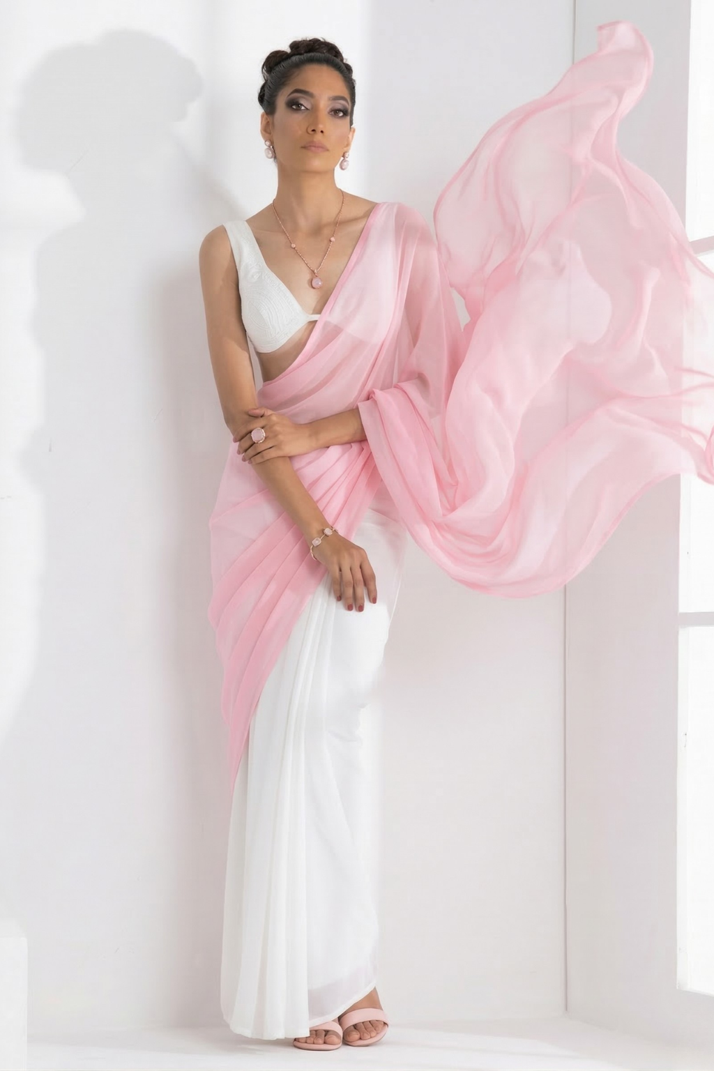 White with Pink Chiffon Saree and Blouse Fabric