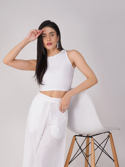 Women's Stretchy Knitted Halter Neck White Crop Top