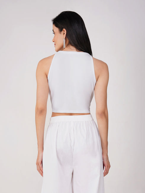 Women's Stretchy Knitted Halter Neck White Crop Top