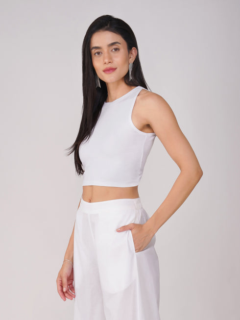Women's Stretchy Knitted Halter Neck White Crop Top