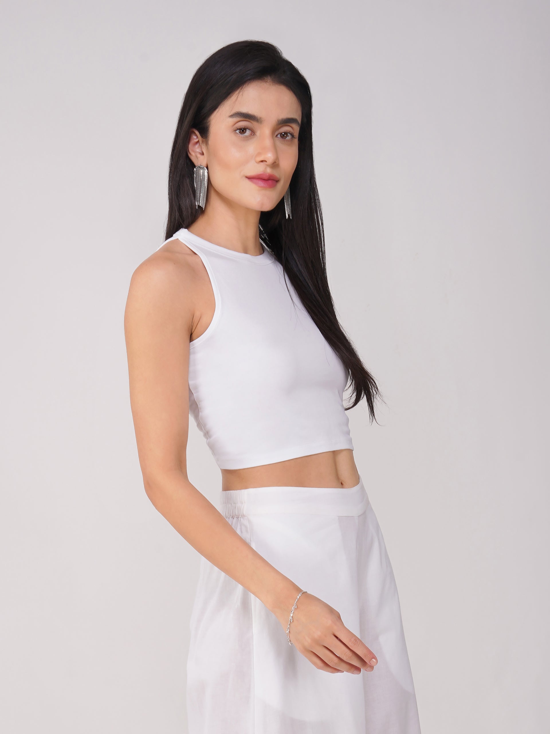 Women's Stretchy Knitted Halter Neck White Crop Top