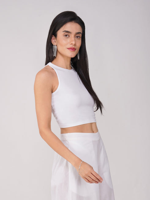 Women's Stretchy Knitted Halter Neck White Crop Top