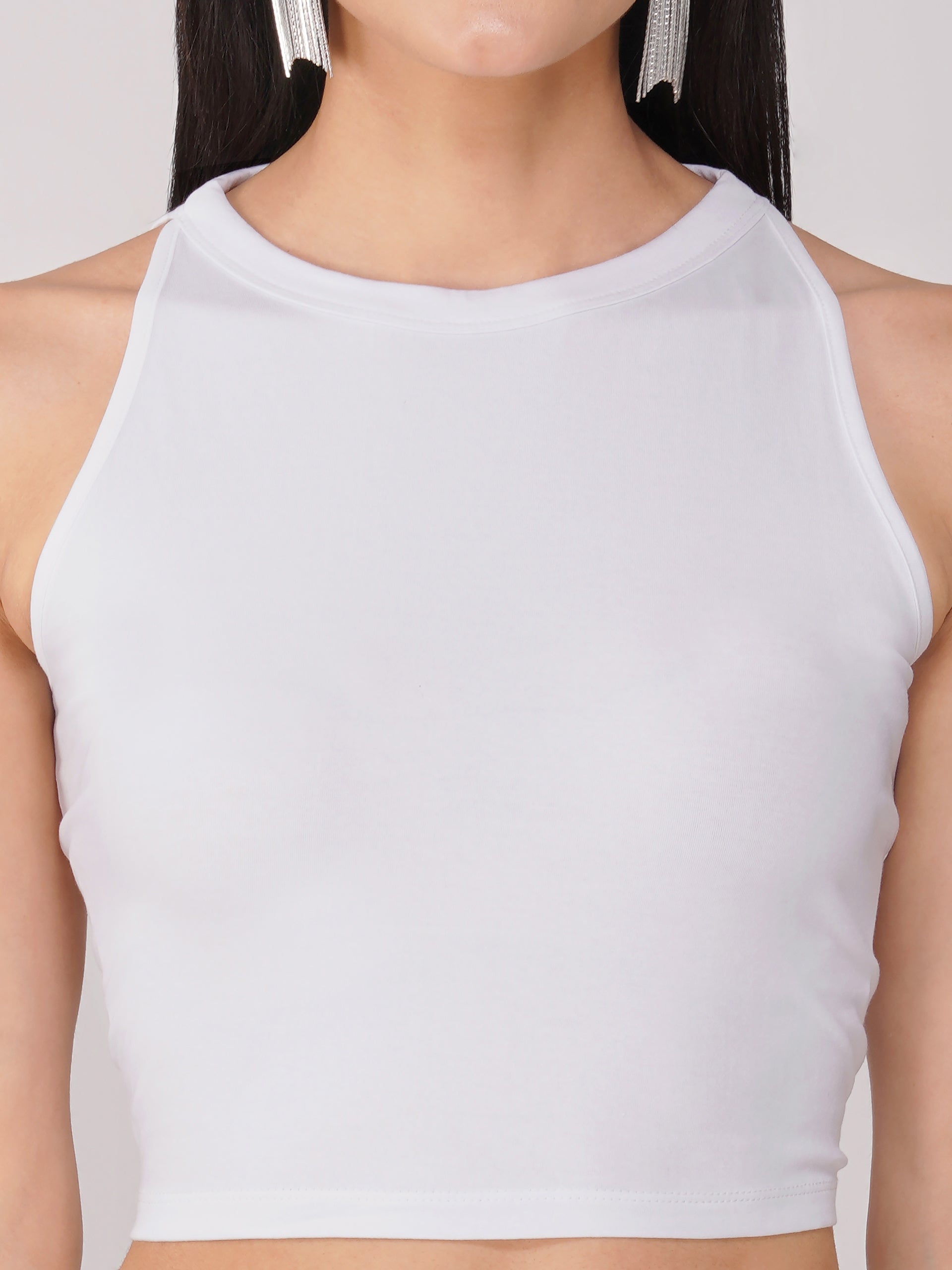 Women's Stretchy Knitted Halter Neck White Crop Top