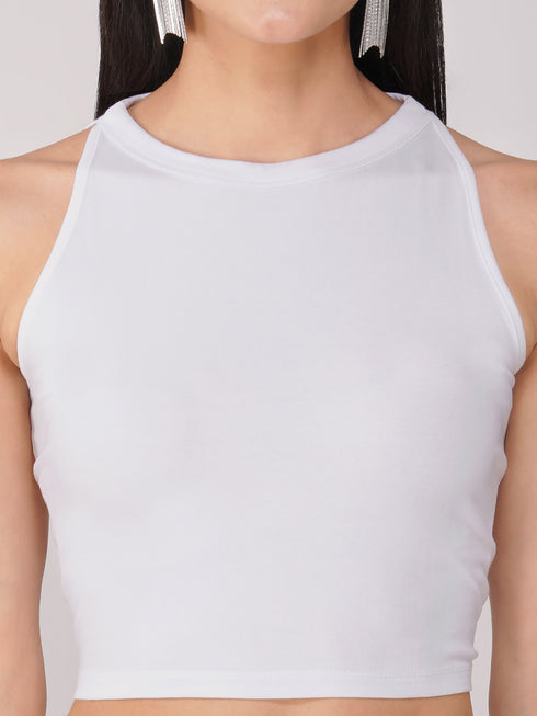 Women's Stretchy Knitted Halter Neck White Crop Top