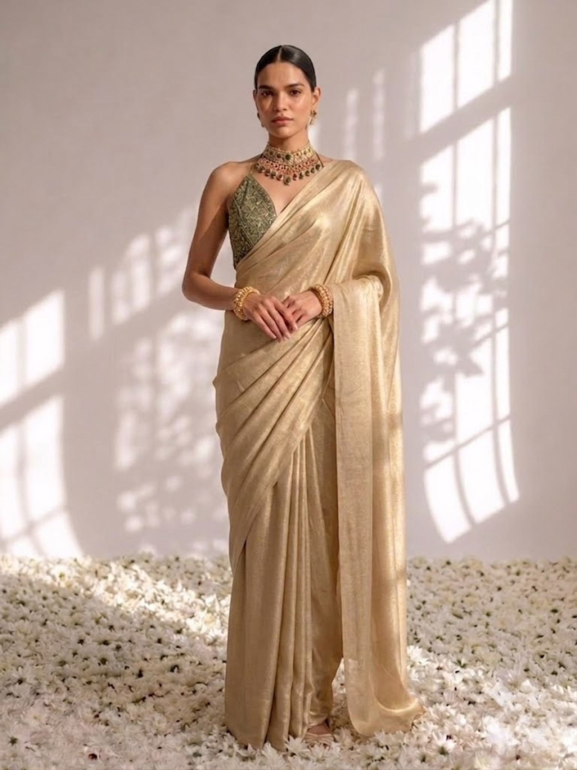 Champagne Gold Chiffon Saree with Pendants with Self Blouse Fabric