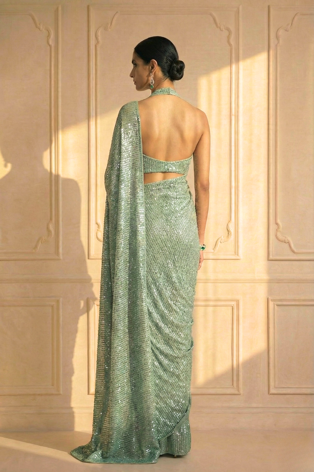 Candy Mint Knitted Sequin Saree with Blouse Fabric