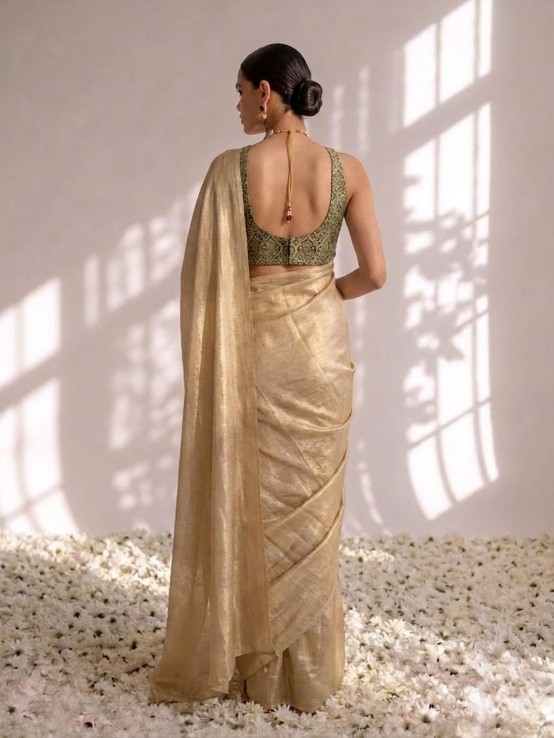 Champagne Gold Chiffon Saree with Pendants with Self Blouse Fabric