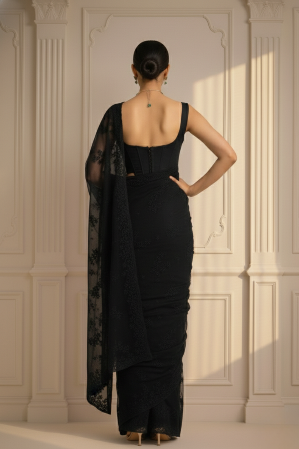 Black Stripe Lace Saree with Sequin and Blouse Fabric