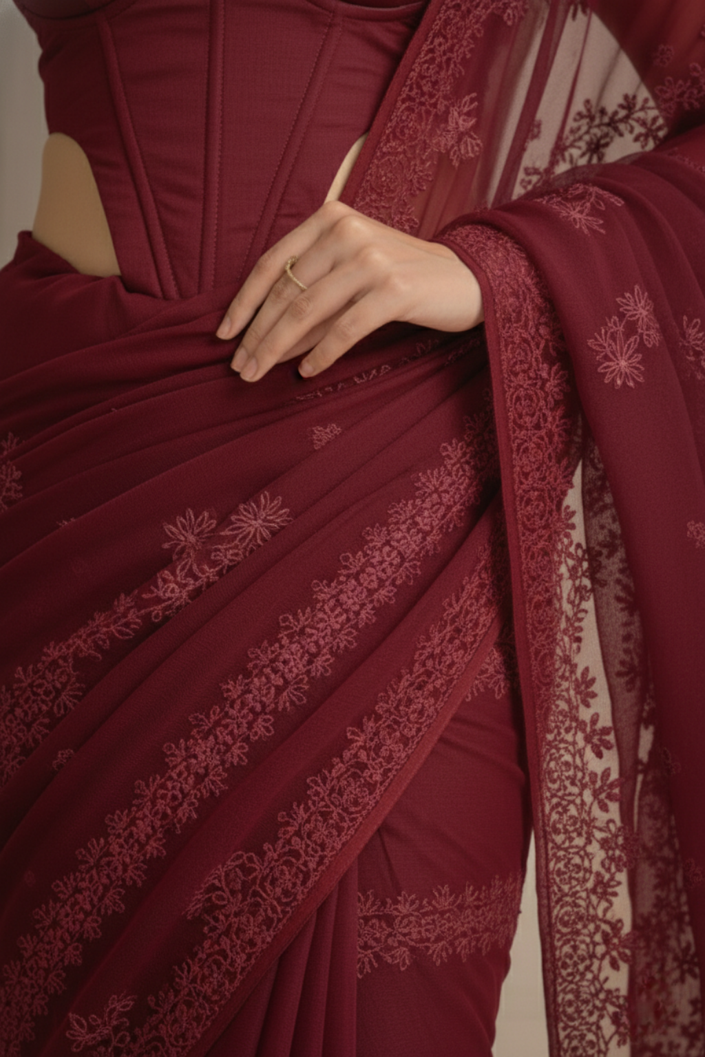 Maroon Stripe Lace Saree with Sequin and Blouse Fabric
