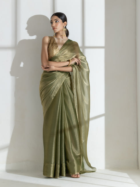 Wasabi Organza Chiffon Saree with Beads with Self Blouse Fabric