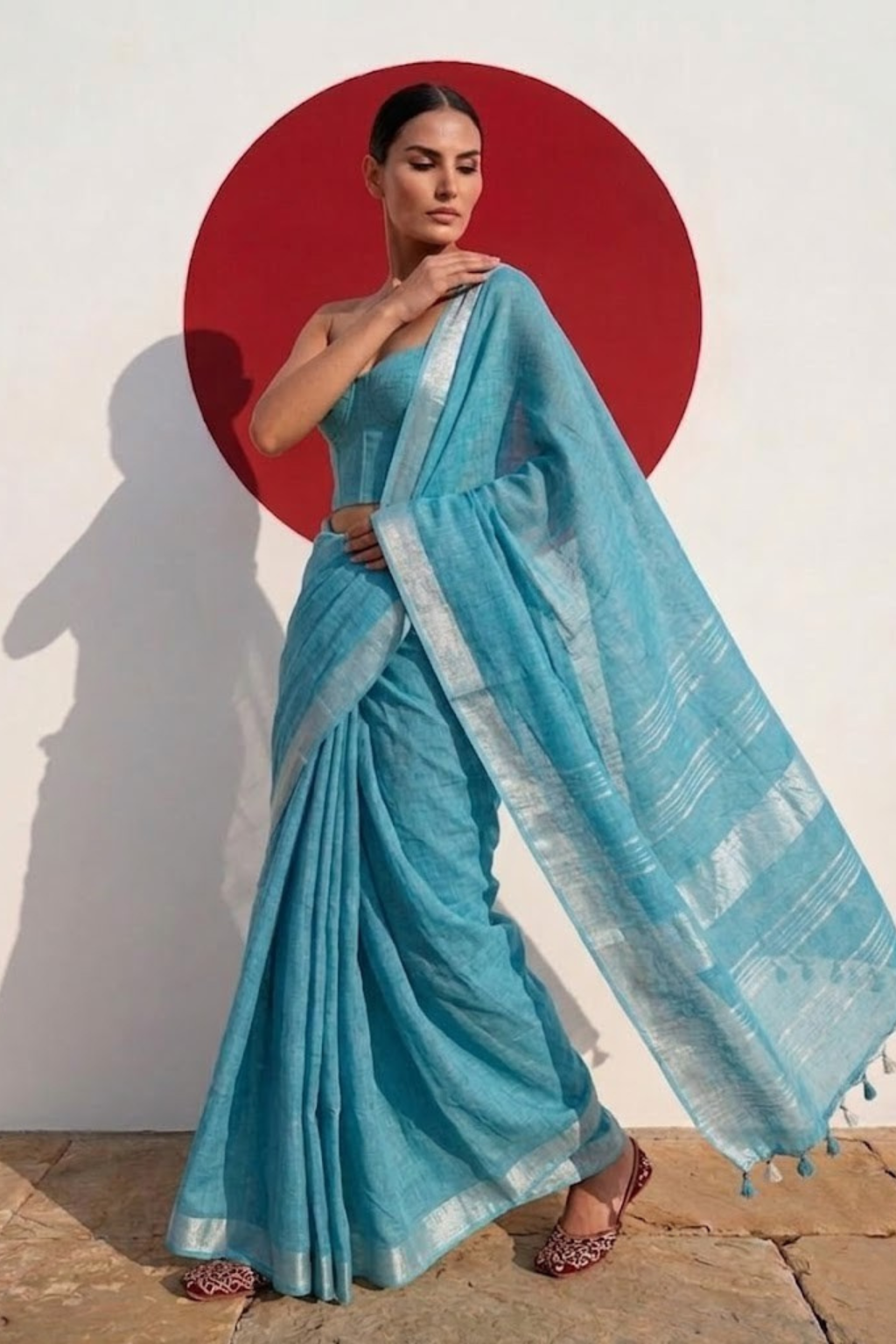 Turquoise Linen Cotton Saree with Blouse Fabric