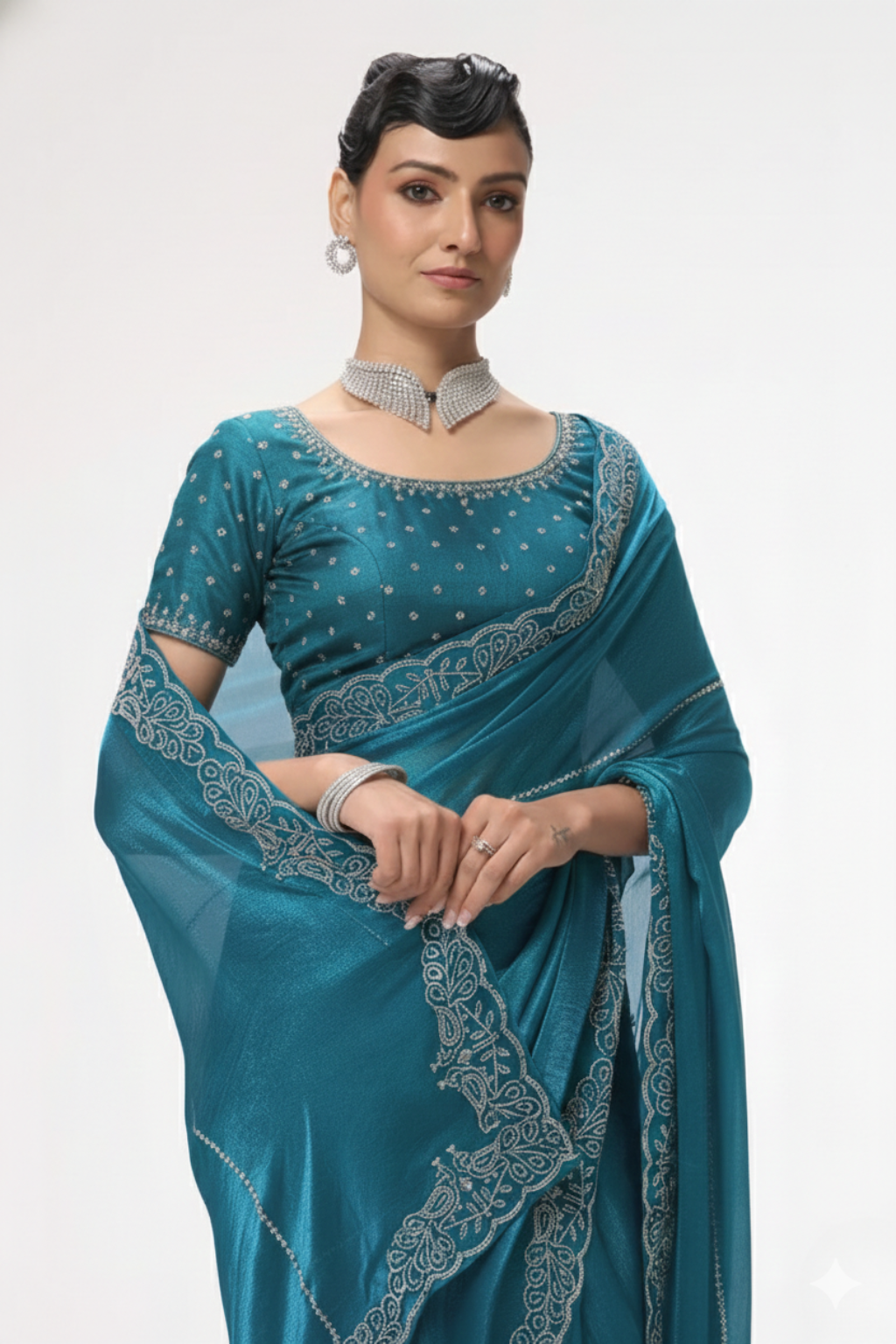 Real Deal Bright Blue Diamonds Metallic Satin Saree with Blouse Fabric