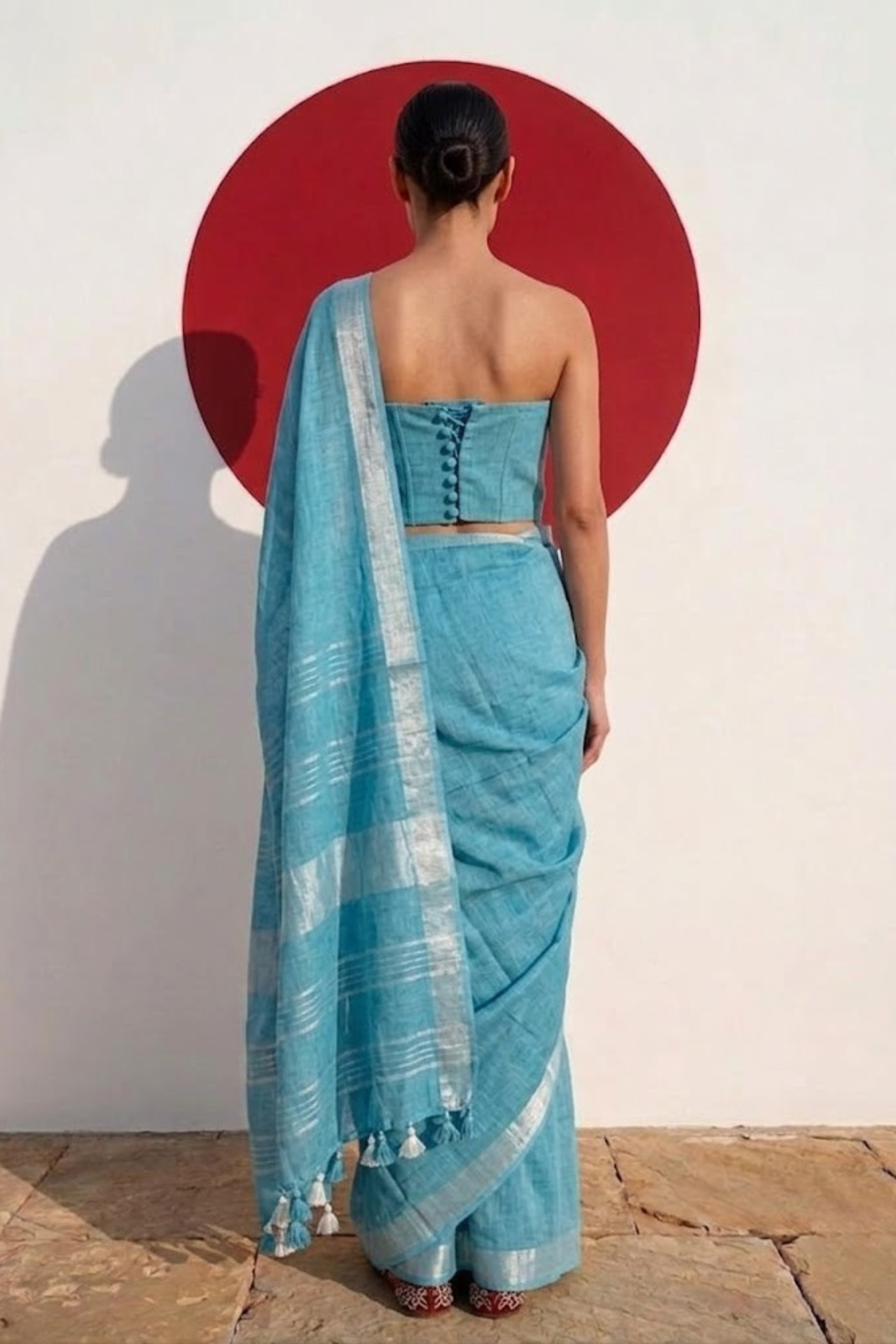 Turquoise Linen Cotton Saree with Blouse Fabric
