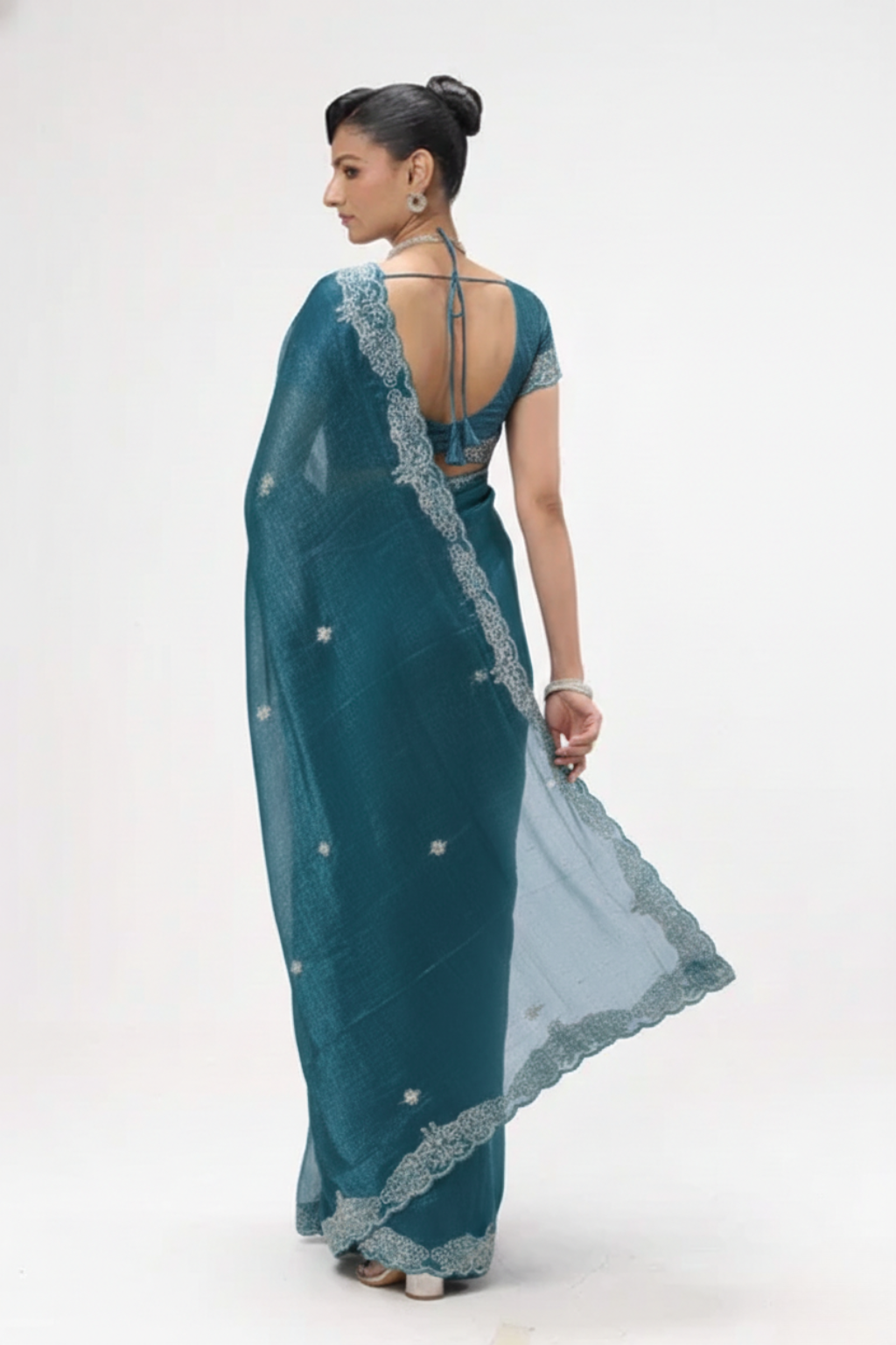 Real Deal bright blue diamonds metallic satin saree with blouse fabric — view 5