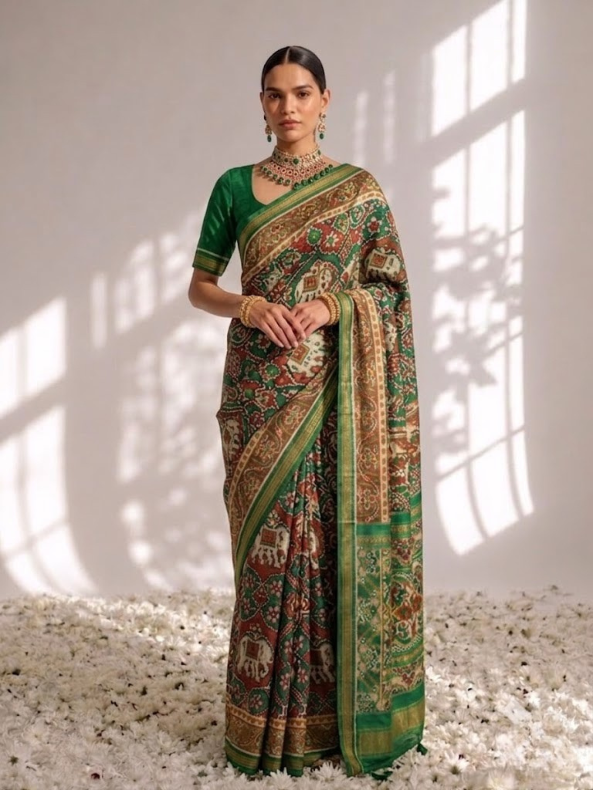 Green Silk Patola Saree with Self Blouse Fabric