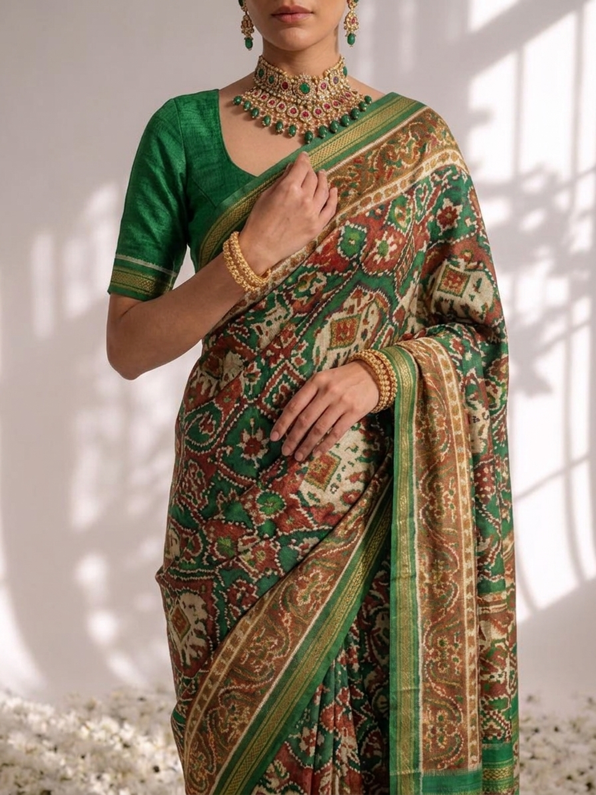 Green Silk Patola Saree with Self Blouse Fabric