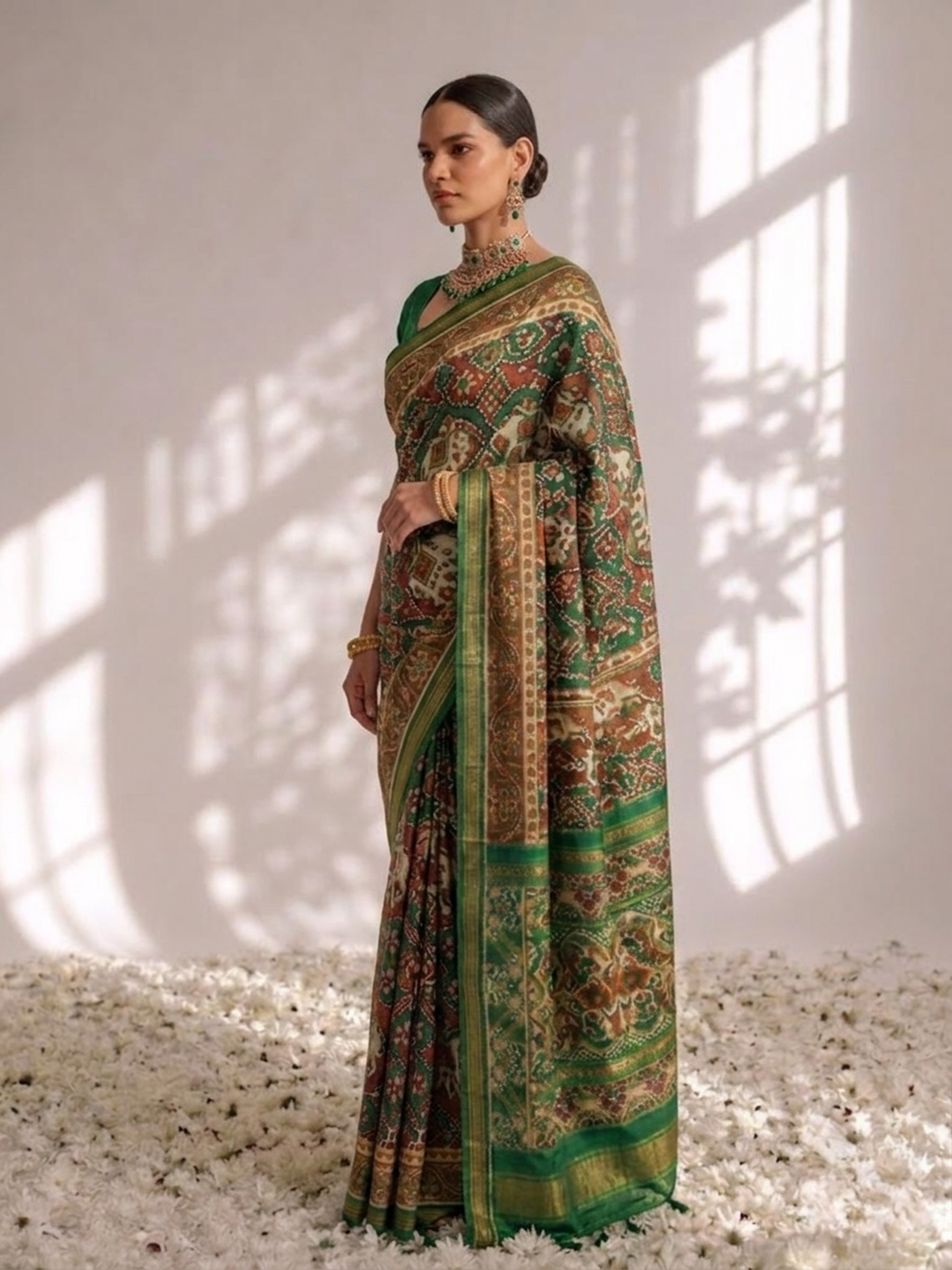 Green Silk Patola Saree with Self Blouse Fabric