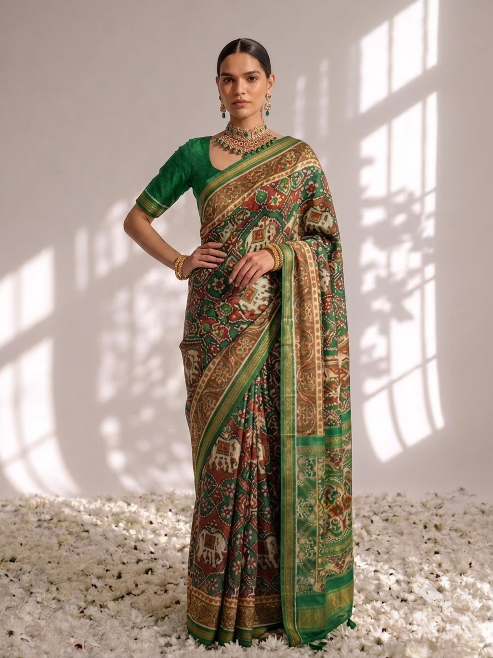 Green Silk Patola Saree with Self Blouse Fabric