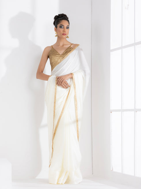 Majestic Cream Satin Saree with Gold Lace