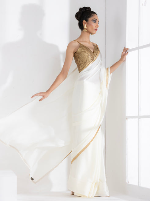 Majestic Cream Satin Saree with Gold Lace