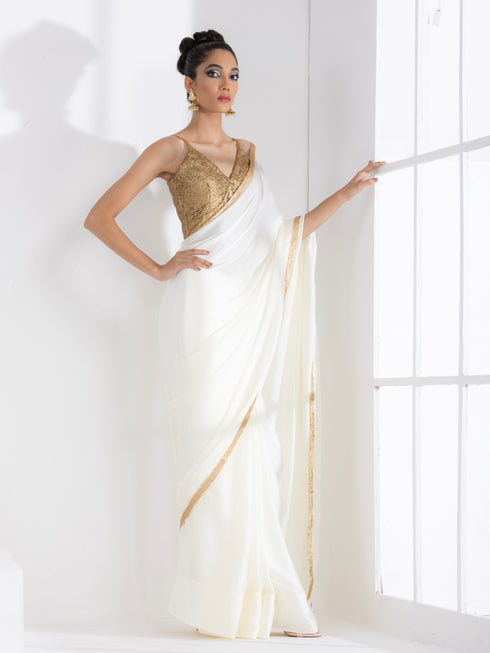 Majestic Cream Satin Saree with Gold Lace